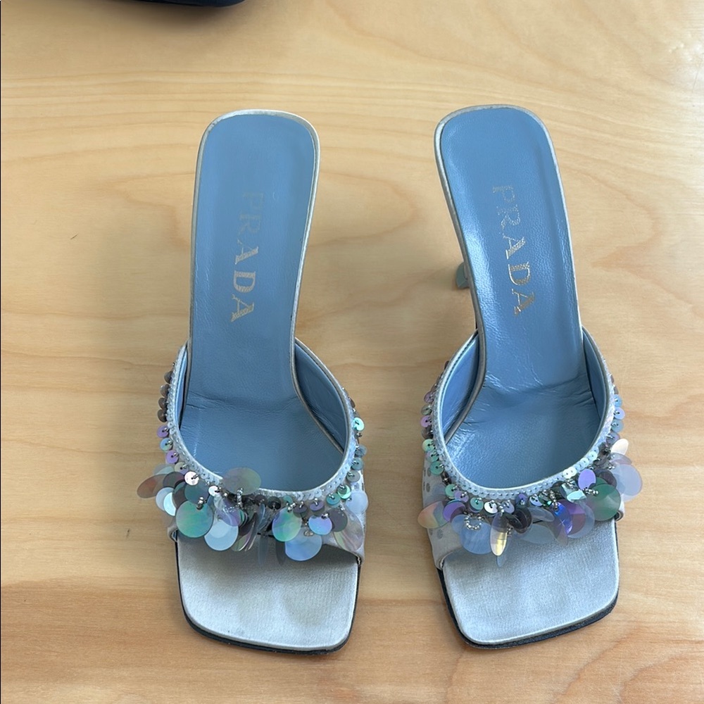 Prada gray satin Embellished Women's mule sandals size 38